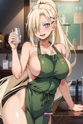 ai_generated ass blonde_hair blue_eyes boruto:_naruto_next_generations deinacht green_apron holding_object ino_yamanaka large_breasts long_hair long_ponytail looking_at_viewer naked_apron naruto naruto_shippuden smiling_at_viewer thick_thighs