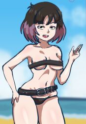 angel_glitch ass beach big_ass big_breasts black_belt black_bikini black_bikini_bottom black_bikini_top black_eyes black_hair breasts female hand_on_hip happy happy_female hilda_(series) kaisa_(hilda) looking_at_viewer navel netflix open_mouth pale-skinned_female pale_skin purple_hair thighs two_tone_hair wide_hips