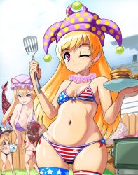 bikini clownpiece female giantess hip_dips large_ass large_breasts marisa_kirisame navel petite_breasts profitshame reimu_hakurei size_difference smile thick_thighs thighhighs touhou wide_hips yukari_yakumo