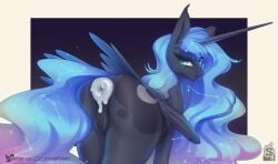 alicorn anatomically_correct anatomically_correct_genitalia anatomically_correct_pussy animal_genitalia animal_pussy anus ass blue_body blue_eyes blue_feathers blue_fur blue_hair cum cum_in_ass equid equine equine_genitalia equine_pussy feathers female feral friendship_is_magic fur hair hasbro horn long_hair mammal mouth_hold my_little_pony ponut princess_luna_(mlp) puffy_anus pussy solo sugarlesspaints wings