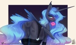 alicorn anatomically_correct anatomically_correct_genitalia anatomically_correct_pussy animal_genitalia animal_pussy anus ass blue_body blue_eyes blue_feathers blue_fur blue_hair condom equid equine equine_genitalia equine_pussy feathers female feral friendship_is_magic fur garter_straps hair hasbro horn long_hair mammal mouth_hold my_little_pony ponut princess_luna_(mlp) puffy_anus pussy solo sugarlesspaints thighhighs wings