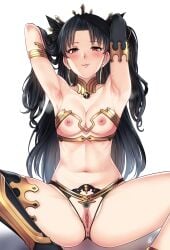 anklet anus armlet armpits arms_up asymmetrical_legwear bar_censor bare_shoulders black_hair blush breastless_clothes breasts bridal_gauntlets clitoris crotchless crown detached_collar earrings elbow_gloves fate/grand_order fate_(series) female female_pubic_hair gloves gold_trim groin hair_ribbon highres hoop_earrings ishtar_(fate) jewelry long_hair looking_at_viewer medium_breasts navel neck_ring nipples parted_bangs pubic_hair pussy red_eyes ribbon simple_background single_elbow_glove single_thighhigh sitting smile solo spread_legs stomach thighhighs tiara two_side_up uncensored uneven_legwear white_background xtermination