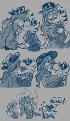 a_hat_in_time blush english english_text extreme_french_kiss greyscale hat hat_adult hat_kid heart-shaped_pupils kiss kiss_on_lips kissing long_hair mawile123 monochrome ponytail saliva saliva_drip saliva_on_face saliva_string saliva_trail the_conductor tongue tongue_out