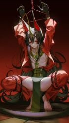 1_horn animal_ears arknights arms_up barefoot black_hair bound bound_wrists breasts claws female fingernails hair_between_eyes highres horns iumu jewelry kemonomimi long_hair looking_at_viewer necklace nipples open_clothes paid_reward_available red_eyes sharp_fingernails small_breasts solo spread_legs squatting tail tiptoes topless very_long_hair ya_(arknights)