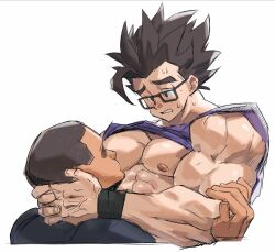 blush dark_hair dragon_ball ellischestert12 glasses hands_behind_another's_head male male_nipples male_only muscular_arms muscular_male pecs son_gohan sucking_nipples sweat sweating underpec wristband yaoi