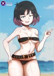 angel_glitch ass beach big_ass big_breasts black_belt black_bikini black_bikini_bottom black_bikini_top black_eyes black_hair breasts hand_on_hip happy happy_female hilda_(series) kaisa_(hilda) looking_at_viewer navel open_mouth pale-skinned_female pale_skin purple_hair short_two_tone_hair thighs two_tone_hair wet wet_bikini wet_body wet_skin wide_hips