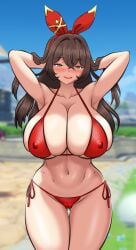 1girls amber_(genshin_impact) armpits arms_behind_head big_breasts big_thighs bikini black_hair blush breasts brown_eyes busty female genshin_impact huge_breasts huge_thighs large_breasts large_thighs ldukem69 light-skinned_female light_skin long_hair navel nipple_bulge pussy_bulge red_bikini swimsuit thick_thighs thighs voluptuous