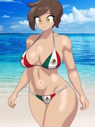 1girls alternate_version_available beach big_breasts big_thighs bikini breasts brown_hair cleavage curvy d4rc30_arts dir_arts eyebrows_visible_through_hair female female_only fhs fhsz3r0 flag_bikini fnafhs fnafhs_z3ro fnafhsrule34 freddy's_mom_(fnafhs) human light-skinned_female light_skin mama_de_freddy_(fnafhs) martha_(fnafhs) mexican_flag mexican_flag_bikini short_hair solo thighs yellow_eyes