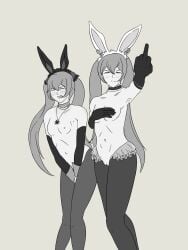 2girls alternate_costume angry armpits breasts bunny_ears bunny_girl bunnysuit covering covering_crotch dual_persona embarrassed female female_only fire_emblem fire_emblem_awakening fire_emblem_fates fire_emblem_heroes frown gloves greyscale long_hair looking_at_viewer medium_breasts middle_finger monochrome multiple_girls multiple_persona naked_gloves naked_thighhighs nintendo nipples nude nude_female official_alternate_costume pantyhose pussy reverse_bunnysuit selena_(fire_emblem_fates) severa_(fire_emblem) severa_(spring)_(fire_emblem) small_breasts tethered_angel thighhighs twintails very_long_hair