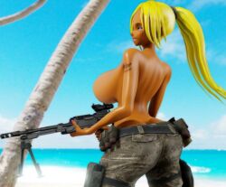 blonde_female camo_pants female_soldier gun half_naked huge_ass huge_breasts ponytail purple_eyes shooting shooting_gun smiling_at_viewer special_forces tan_body tattooed_arm