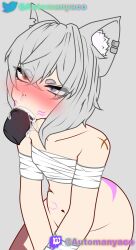 1boy 1boy1girl 1girls angry automanyaco bandage blowjob blue_eyes blush cum cum_in_mouth defeated grey_hair heterochromia neko_ears oc orange_eyes scar yumi(astrothetime)