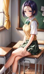 ai_generated blush classroom crossed_legs open_mouth purple_eyes purple_hair sairenji_haruna school_uniform schoolgirl short_hair sitting sitting_on_desk skirt to_love-ru