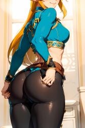 ai_generated aig1587 big_ass big_butt black_leggings black_pants blonde_female blonde_hair blue_eyes female female_only leggings long_hair princess_zelda smile the_legend_of_zelda yellow_hair zelda_(breath_of_the_wild)