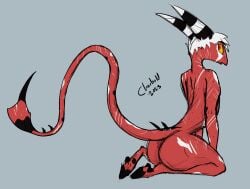 ass charbold cloven_hooves fan_character hair helluva_boss hi_res hooves humanoid imp male nude red_body red_skin simple_background solo spines tail white_hair yellow_eyes