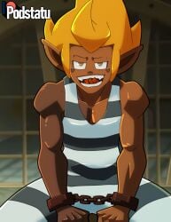 ankama biting candy dofus halloween halloween_costume handcuffed handcuffs iop jail jail_bars jail_cell male male_only outlaw podstatu powerless prison prison_bars prison_clothes prison_uniform prisoner pubic_hair roleplay smiling sweet tan_body tank_top teasing teasing_submissive teasing_viewer tristepin tuft wakfu