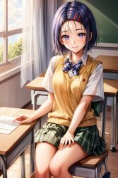 ai_generated blush classroom hand_on_desk purple_eyes purple_hair sairenji_haruna school_uniform schoolgirl short_hair sitting sitting_on_desk skirt smile to_love-ru