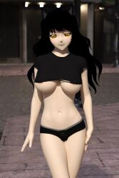 1girls 3d animal_ears areola_slip belly_button black_clothing black_hair blake_belladonna cameltoe cat_ears catgirl crop_top daz_studio exhibitionism faunus female female_only kemonomimi light-skinned_female light_skin long_hair looking_at_viewer lovingrwby minishorts navel pale-skinned_female pale_skin public rooster_teeth rwby short_shorts shorts toned toned_female toned_stomach torn_clothes underboob yellow_eyes