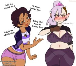 2girls amity_blight big_breasts blush booty_shorts bra bra_and_panties breasts disney disney_channel dyed_hair elf_ears embarrassed english_text erohoney female female_only gloves hips latina lesbian long_hair luz_noceda midriff milf multiple_girls necklace panties pointy_ears ponytail pun purple_hair shirt_lift shirt_up short_hair text the_owl_house the_owl_house_(finale) thick_thighs thigh_gap thighs white_background witch yuri