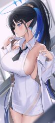 1girls ark_uniform_(blue_archive) bare_shoulders black_hair black_necktie blue_archive blue_eyes blue_hair blurry blush breasts covered_navel cowboy_shot depth_of_field dress earrings general_student_council_(blue_archive) giga-tera glint hair_ornament hairclip halo high_ponytail highres jewelry lab_coat large_breasts long_hair multicolored_hair necktie parted_lips pointy_ears rin_(ark_uniform)_(blue_archive) rin_(blue_archive) short_dress short_necktie solo streaked_hair very_long_hair white_dress wing_collar