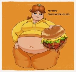 1girls ambiguous_pov bbw belly big_ass big_belly big_breasts blue_eyes breasts brown_hair burger chubby chubby_cheeks chubby_female clothing curvy dialogue english_text fat fat_ass fat_belly fat_butt fat_face fat_thighs fat_woman female female_only food half-closed_eyes huge_ass huge_belly huge_breasts huge_thighs large_ass large_belly large_breasts large_thighs mario_(series) morbidly_obese morbidly_obese_female navel obese obese_female offering orange_background overweight overweight_female pov princess_daisy seatbeltdraws simple_background solo speech_bubble ssbbw standing talking_to_viewer text thick_arms thick_thighs tight_clothing white_border