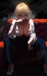 1girls big_breasts blonde_female blonde_hair bocchandere breasts busty cigar cigar_in_mouth cigarette_in_mouth cleavage female female_only fluffy_hair gloves green_eyes huge_breasts large_breasts light-skinned_female light_skin mafia mafia_boss revealing_clothes sitting sitting_down smoke smoking smoking_cigar smoking_tobacco thick yakuza_boss yakuza_girl yohu08