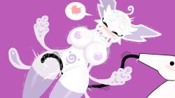 anthro big_breasts breasts closed_eyes closed_mouth elemental_pixies heart interspecies licking licking_pussy luminalia_(the_battle_cats) pangotime purple_nipples the_battle_cats thick_thighs white_body white_skin