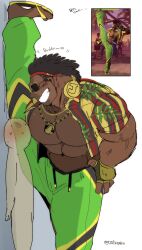 anon bara black_hair blush capcom clothing dark-skinned_male dark_skin dee_jay fully_clothed hyaku_(artist) leg_up lifting_leg male male_only muscles muscular size_difference street_fighter street_fighter_6 sunglasses