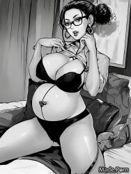 ai_generated big_breasts black_and_white_drawing black_panties cleavage earrings glasses hairbun pregnant shirt_lift