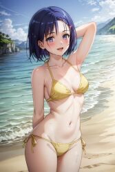 ai_generated beach bikini blush hand_behind_head hand_on_head open_mouth purple_eyes purple_hair sairenji_haruna short_hair smile standing to_love-ru yellow_bikini