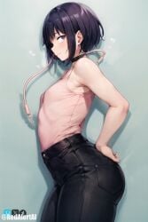 ai_generated arched_back ass ass_focus boku_no_hero_academia flat_chest jeans jirou_kyouka kyoka_jiro looking_at_viewer my_hero_academia purple_eyes purple_hair redalertai side_view small_breasts