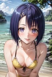 ai_generated beach bikini blush clouds ocean purple_eyes purple_hair sairenji_haruna short_hair sky smile to_love-ru yellow_bikini