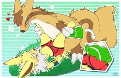 anthro balls_outline blush brown_body clothed clothing duo eeveelution feral generation_1_pokemon generation_3_pokemon genital_outline graedius_(artist) green_eyes heart jolteon linoone male male/male nintendo pokemon pokemon_(species) underwear underwear_only yellow_body