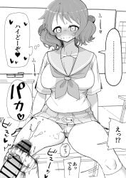 1female 1male classroom cum_in_thighs cum_on_body excited hibike!_euphonium masturbation oumae_kumiko school_uniform shy skirt thighs visible_underwear wet wet_pussy