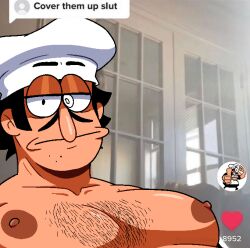 annoyed_expression big_breasts big_pecs chef_hat cover_them_up_slut hairy_chest male male_only meme moustache naked naked_male nipples nude nude_male peppino_spaghetti pizza_tower shirtless_male text