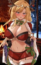 1girls adapted_costume alternate_costume angry antlers bare_midriff bare_thighs black_panties black_thong blonde_hair blush breasts bronze_felix cape christmas clarisse_(fire_emblem) cleavage commission commissioner_upload english_text female female_only fire fire_emblem fire_emblem:_new_mystery_of_the_emblem fire_emblem_awakening fire_emblem_heroes fireplace frown garter_straps indoors large_breasts long_hair looking_at_viewer midriff miniskirt night nintendo open_mouth panties purple_eyes skirt solo tharja_(fire_emblem)_(cosplay) thighhighs thighs thong toshimasa underwear very_long_hair