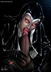 1boy 1girls blowjob candle_(artist) clothed_sex corrupted_nun crucifix fellatio female glowing_eyes hand_on_penis human human_only licking light-skinned_female light_skin ludja_amsel male nun nun's_habit oral_sex original partial_male red_eyes straight testicles vampire