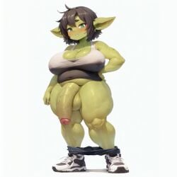 1futa ai_generated big_penis cleavage flaccid futa_only futanari goblin goblinenthusiast green_skin looking_at_viewer penis pointy_ears self_upload short_hair shortstack sneakers solo solo_futa tank_top testicles thick_thighs