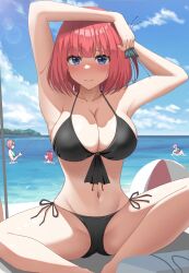 4girls ^^^ adjusting_hair_ornament ahoge ball bare_arms beach beachball bikini black_bikini black_ribbon blue_eyes blue_sky blush bob_cut breasts butterfly_hair_ornament cleavage closed_mouth cloud cloudy_sky collarbone commentary day fishing_rod front-tie_bikini_top front-tie_top go-toubun_no_hanayome green_bikini green_scarf groin hair_ornament hair_ribbon hair_scarf highres holding holding_fishing_rod horizon large_breasts legs long_hair looking_at_viewer medium_hair multiple_girls nakano_ichika nakano_itsuki nakano_nino nakano_yotsuba navel ocean outdoors partially_submerged pink_bikini pink_hair poa_mellhen red_hair ribbon scarf shaded_face side-tie_bikini_bottom sitting sky solo_focus stomach sunlight sweat swimsuit thighs