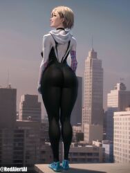 1girls ass asymmetrical_hair back_view big_ass big_butt blonde_hair blue_eyes bodysuit breast female female_focus female_only gwen_stacy gwen_stacy_(spider-verse) looking_at_viewer marvel redalertai smile solo spider-man:_across_the_spider-verse spider-man:_into_the_spider-verse