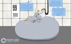 big_breasts english_text female female_only ggj2 glados green_eyes hyper hyper_belly immobile inflation portal_(series) text white_hair