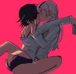 2girls black_hair bra canon_lesbian chainsaw_man embrace eyepatch female female_only himeno_(chainsaw_man) kissing liowig makeout no_pants panties passionate passionate_kiss ponytail quanxi_(chainsaw_man) shirt shirt_lift short_hair white_hair yuri yuri