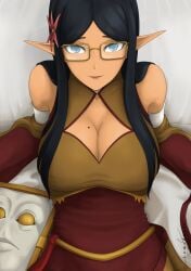 1girls adventurequest_worlds aqw aqworlds artix_entertainment big_breasts big_ears black_hair blue_eyes boob_window book breasts clothed clothing dark-skinned_female dark_skin digital_drawing_(artwork) digital_media_(artwork) elf elf_ears female female_only flower_in_hair glasses lemonkeis librarian lorekeeper_muusa mole_on_breast pointy_ears smirk smirking_at_viewer solo solo_female