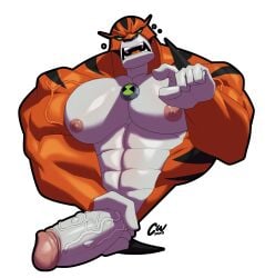 2023 abs absurd_res alien anthro anthro_only appoplexian barazoku ben_10 big_muscles big_pecs cartoon_network charcoalwaffle26 cwaffle erection felid fur genitals gesture half-length_portrait hi_res holding_penis looking_at_viewer male male_only mammal muscular muscular_anthro muscular_male nubbed_penis orange_body orange_fur pantherine pecs penis pointing pointing_at_viewer portrait rath simple_background solo striped_body striped_fur stripes tiger vein veiny_penis white_background