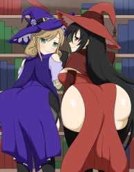 2girls against_wall akeno_himejima ass ass_focus black_hair book bookshelf breasts cleavage crossover dress genshin_impact hat high_school_dxd huge_ass large_breasts leaning_forward lisa_(genshin_impact) long_hair looking_at_viewer looking_back multiple_girls purple_dress sideboob smile soulkibble thick_thighs thighs wide_hips witch_hat