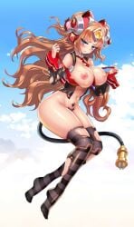 breasts_out brown_hair clouds floating game_cg lilly_(project_qt) long_hair nutaku official_art project_qt ripped_clothing sky tagme