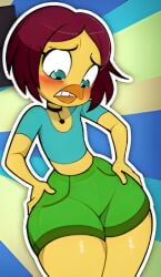 anthro anthro_only avian blush chicken furry hip_grab hips hips_wider_than_shoulders regue_chicken rishi-chan shorts thick thick_thighs thighs thighs_bigger_than_body thighs_bigger_than_head violeta_herrera yellow_body