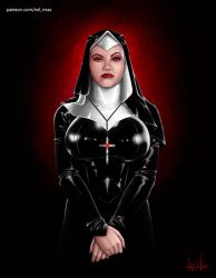 1girls big_breasts busty candle_(artist) crucifix female female_only human human_only large_breasts latex light-skinned_female light_skin looking_at_viewer ludja_amsel nun red_eyes skin_tight solo solo_female vampire