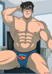 1boy 2023 bara bara_tits barazoku black_hair blue_eyes blush briefs bulge clark_kent clark_kent_(my_adventures_with_superman) dc dc_comics gay glasses kappax male male_focus male_nipples male_only manly muscular_male my_adventures_with_superman nipples solo solo_male superman superman_(series) underwear yaoi