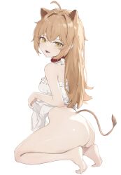 ahoge barefoot bottomless brown_hair cute dress dress_lift huge_ass indie_virtual_youtuber lion_ears lion_tail long_hair looking_back rear_view rurudo_lion sitting skirt_lift teeth virtual_youtuber vtuber white_background white_dress yellow_eyes