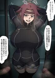 2boys absurdres arms_behind_back arms_behind_head arms_up big_breasts blue_eyes bondage breasts censored code_geass female femsub highres huge_breasts imminent_rape iwao178 kallen_stadtfeld large_breasts looking_at_another looking_at_viewer male multiple_boys penis red_hair restrained scared shaking solo_focus speech_bubble trembling